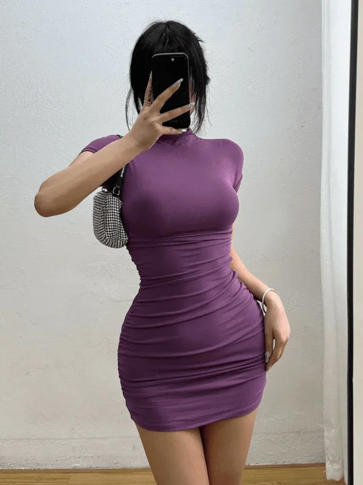 Tight Half High Collar Pleated Waist Mini Dress