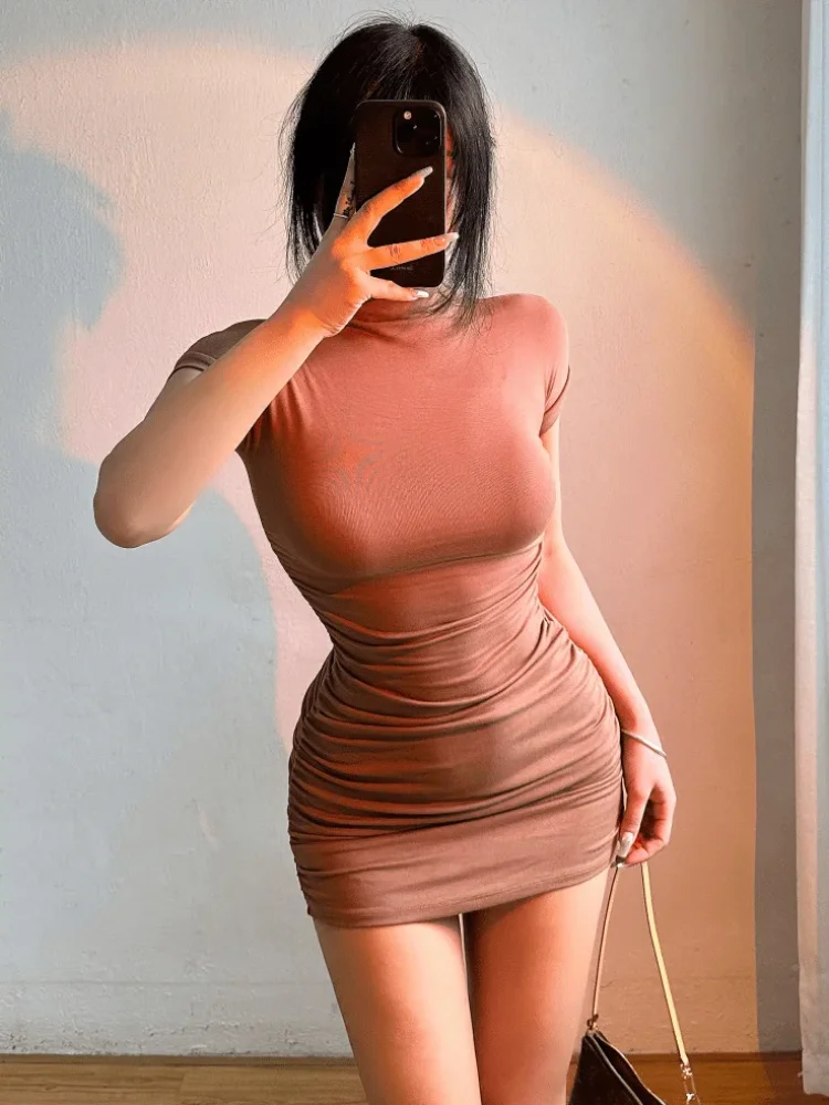 Tight Half High Collar Pleated Waist Mini Dress