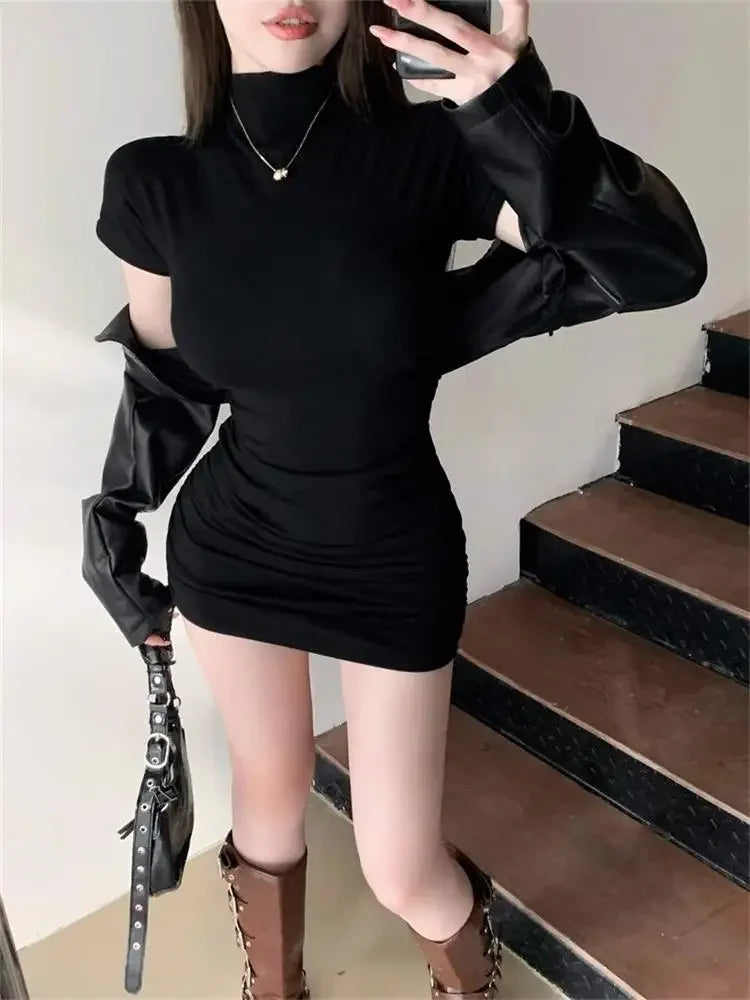 Tight Half High Collar Pleated Waist Mini Dress